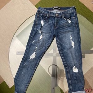 Blue, distressed, cropped, Mia-mid rise Express Jeans. Size 6. Great condition.